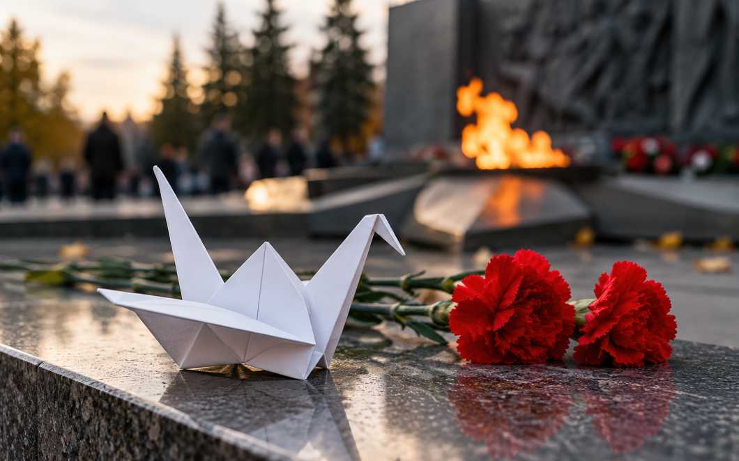 Белый бумажный журавль и красные гвоздики лежат на гранитной поверхности у мемориала