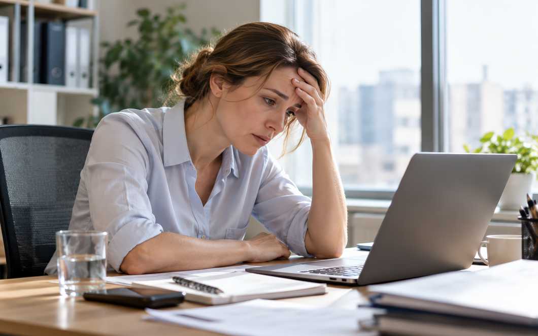 Женщина с напряжённым выражением лица работает за ноутбуком в светлом офисе