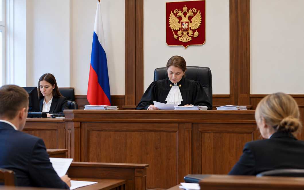 Судья рассматривает материалы дела на фоне государственного герба и российского флага