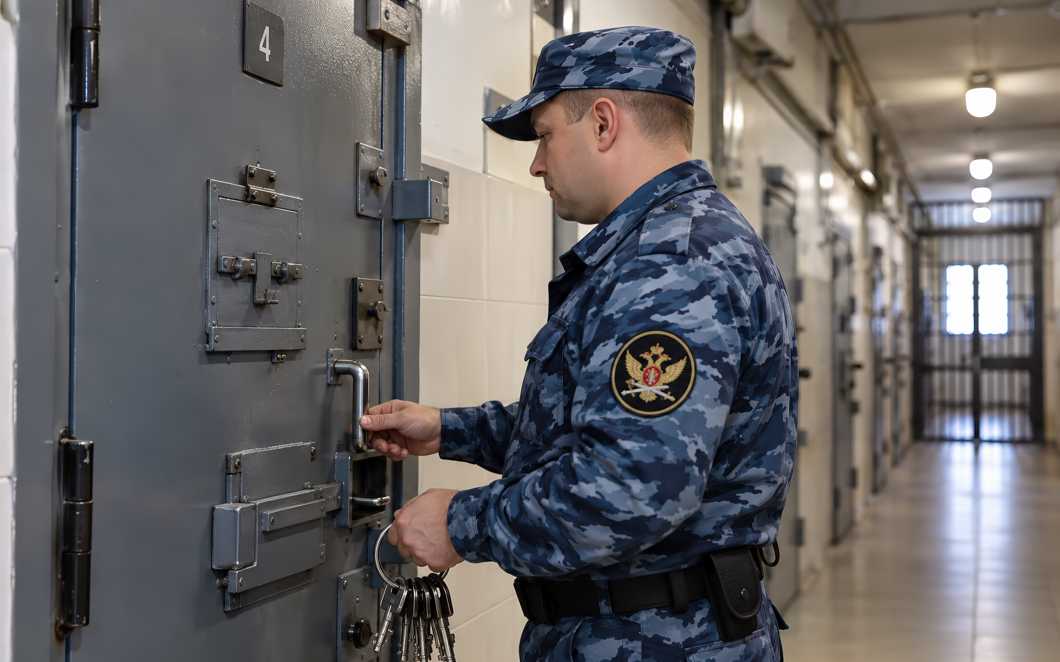 Сотрудник в синей камуфляжной форме держится за ручку металлической двери в коридоре следственного изолятора