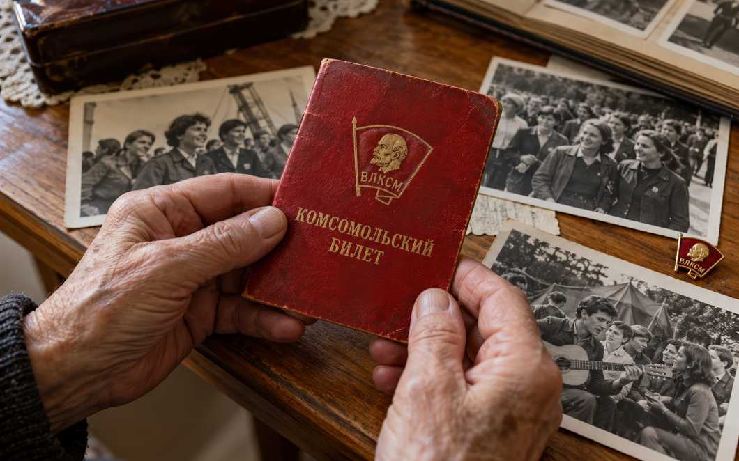 Красный комсомольский билет с золотистым изображением Ленина и надписью ВЛКСМ в руках пожилого человека
