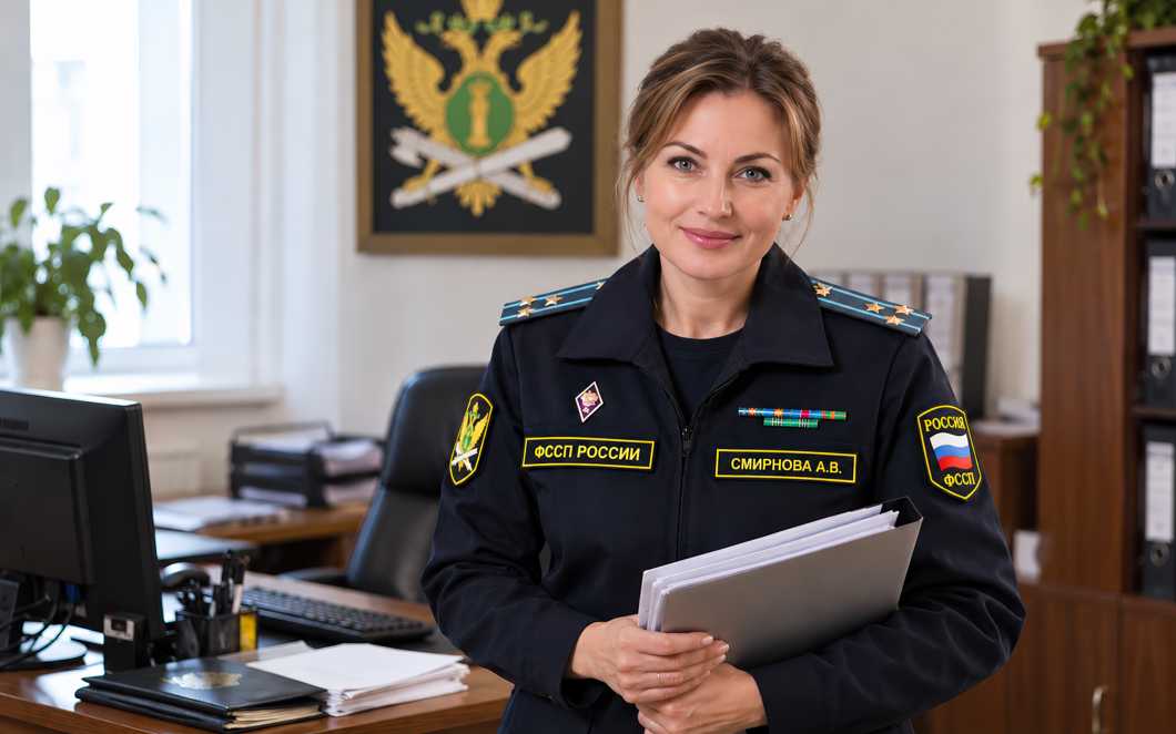 Сотрудница ФССП России в форменной одежде стоит с папкой документов в руках в служебном кабинете