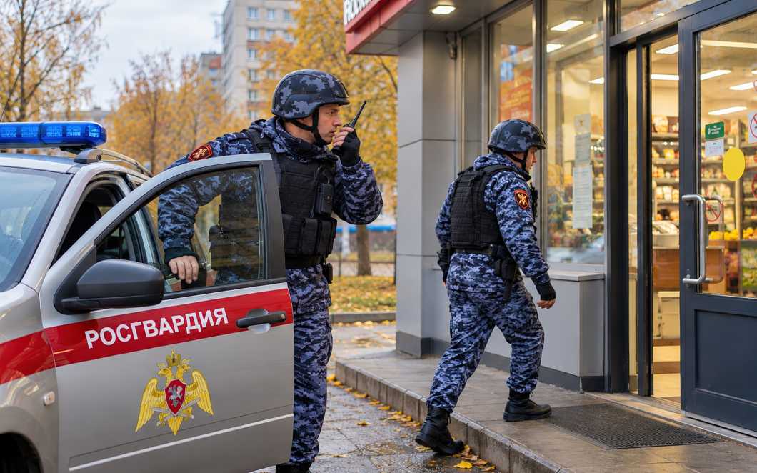 Патрульный автомобиль Росгвардии стоит возле магазина, один сотрудник держит рацию, другой идёт к двери