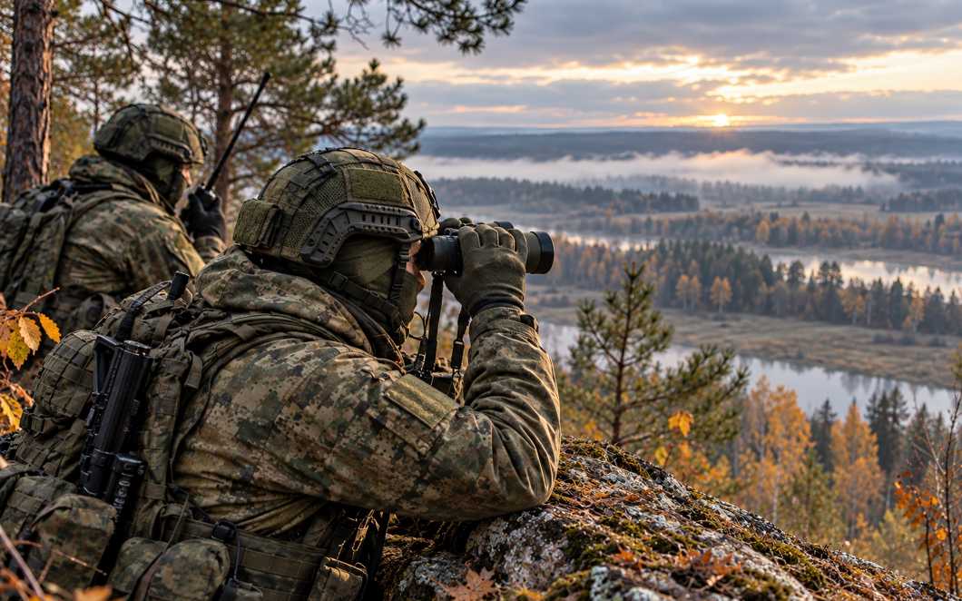 Двое военных разведчиков в защитных шлемах ведут наблюдение, используя бинокль и радиостанцию