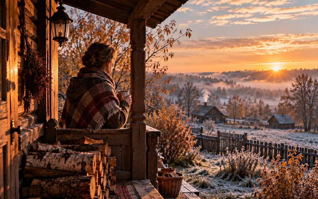 Женщина с кружкой наблюдает с деревянной веранды за покрытыми инеем домами и полями
