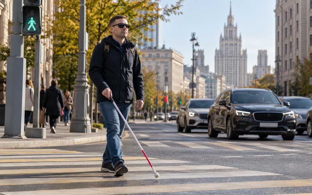 Мужчина с белой тростью переходит пешеходный переход на оживлённой городской улице