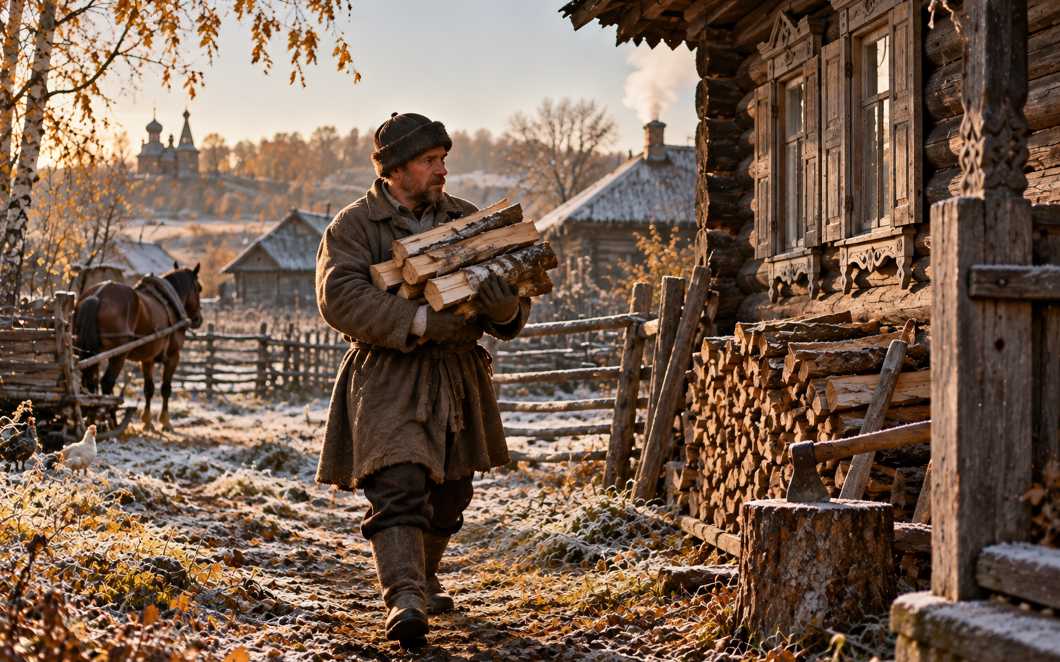 Мужчина переносит расколотые дрова к избе среди осенней травы и первого инея